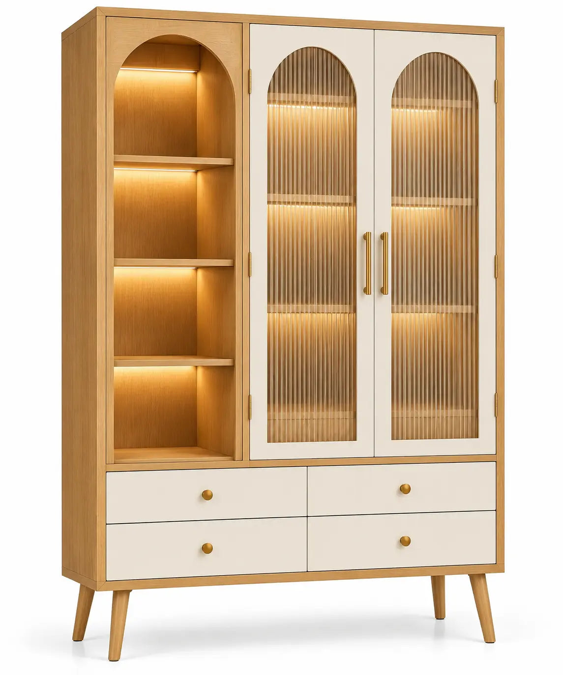Vitrine beige et blanche à deux portes cintrées, niches et quatre tiroirs
