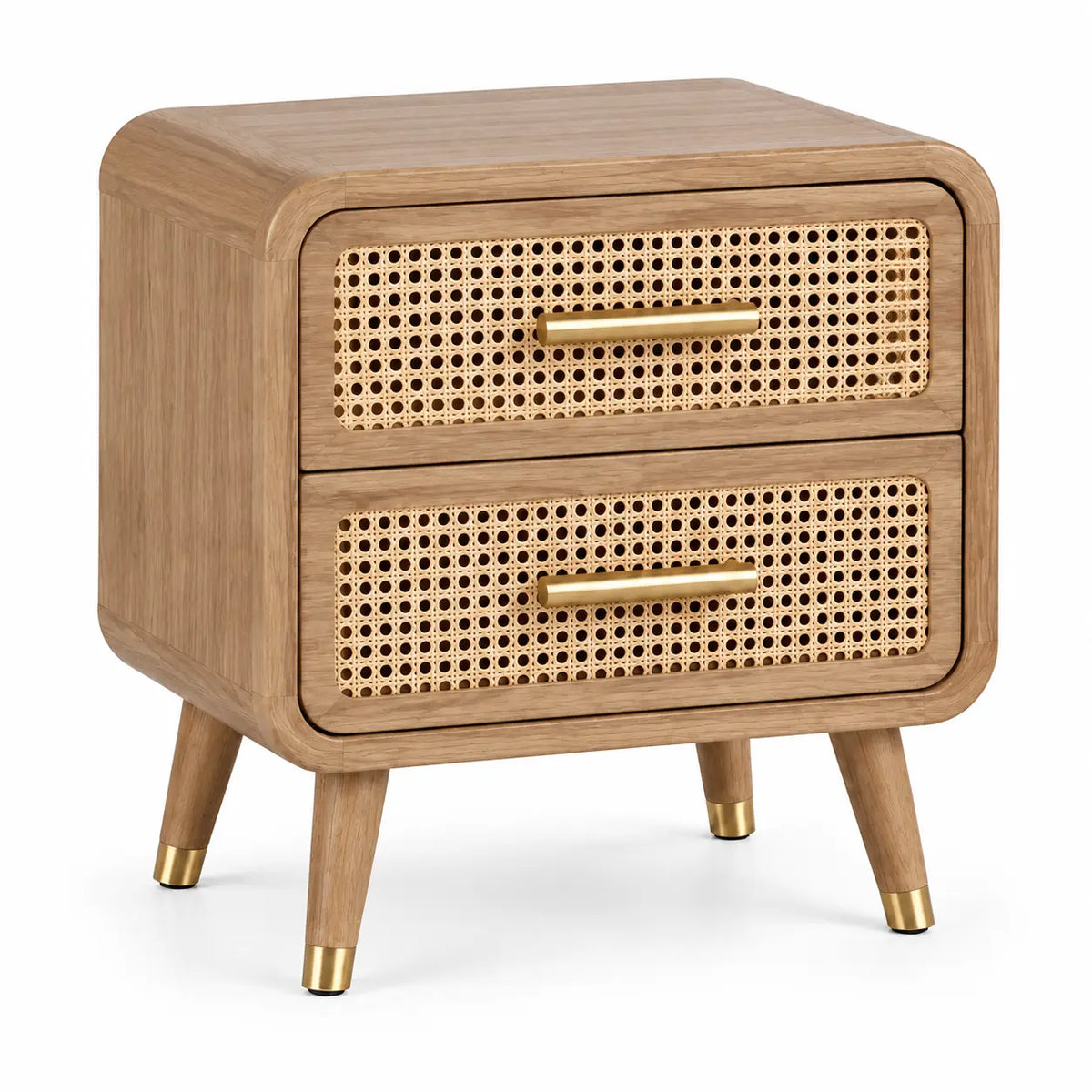 Table de chevet beige à deux tiroirs ajourés et pieds inclinés