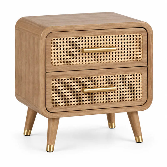 Table de chevet beige à deux tiroirs ajourés et pieds inclinés