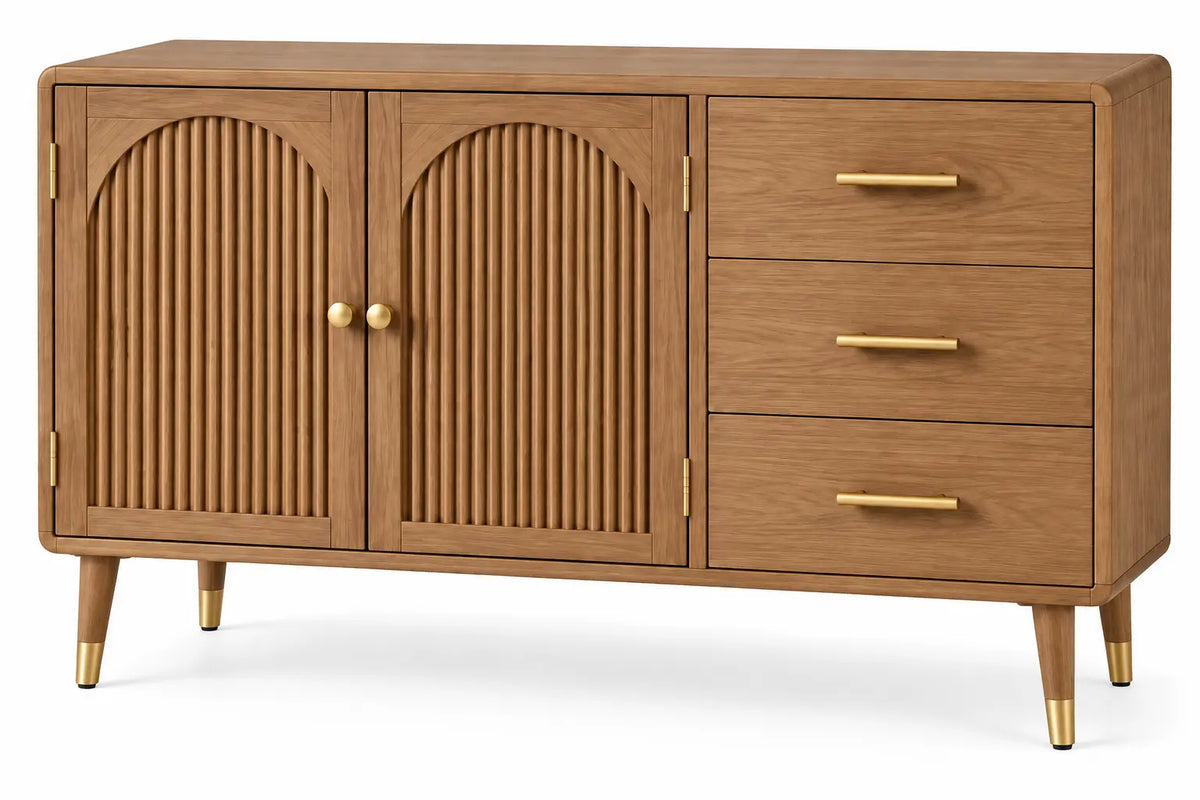 Buffet marron à deux portes striées en arche et trois tiroirs