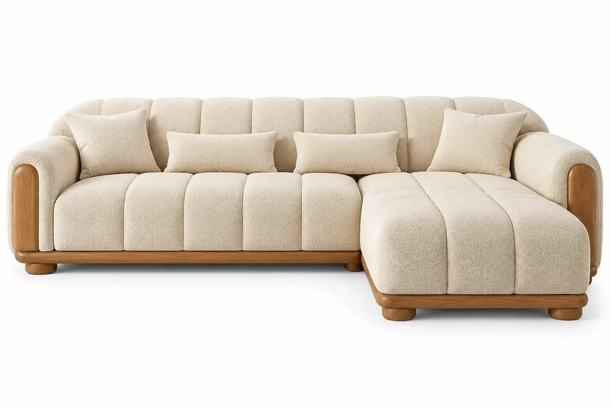 Canapé d'angle beige arrondi à méridienne rainurée