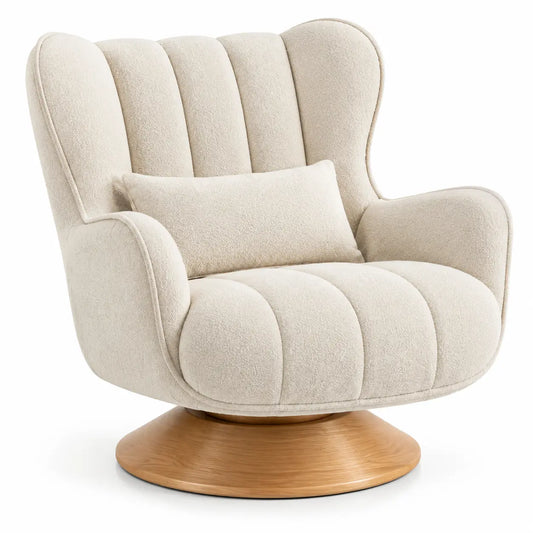 Fauteuil beige à haut dossier enveloppant et socle rond