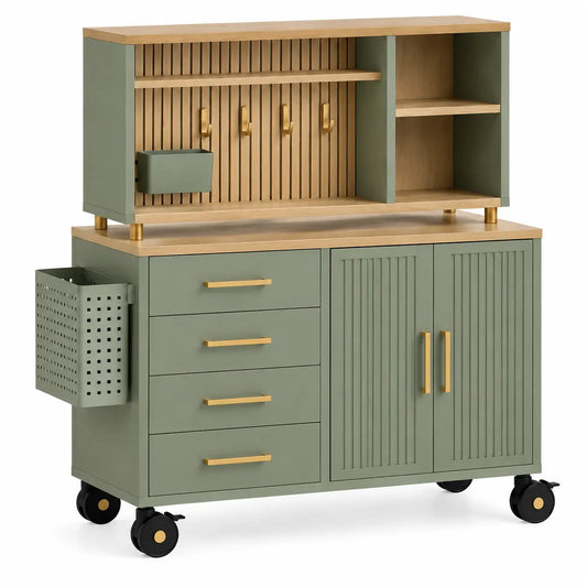 Desserte de cuisine verte et beige à roulettes avec rangement supérieur