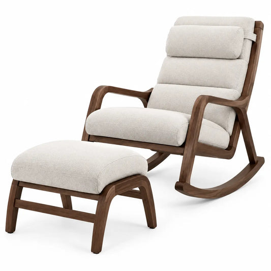 Fauteuil à bascule marron et beige avec repose-pieds assorti