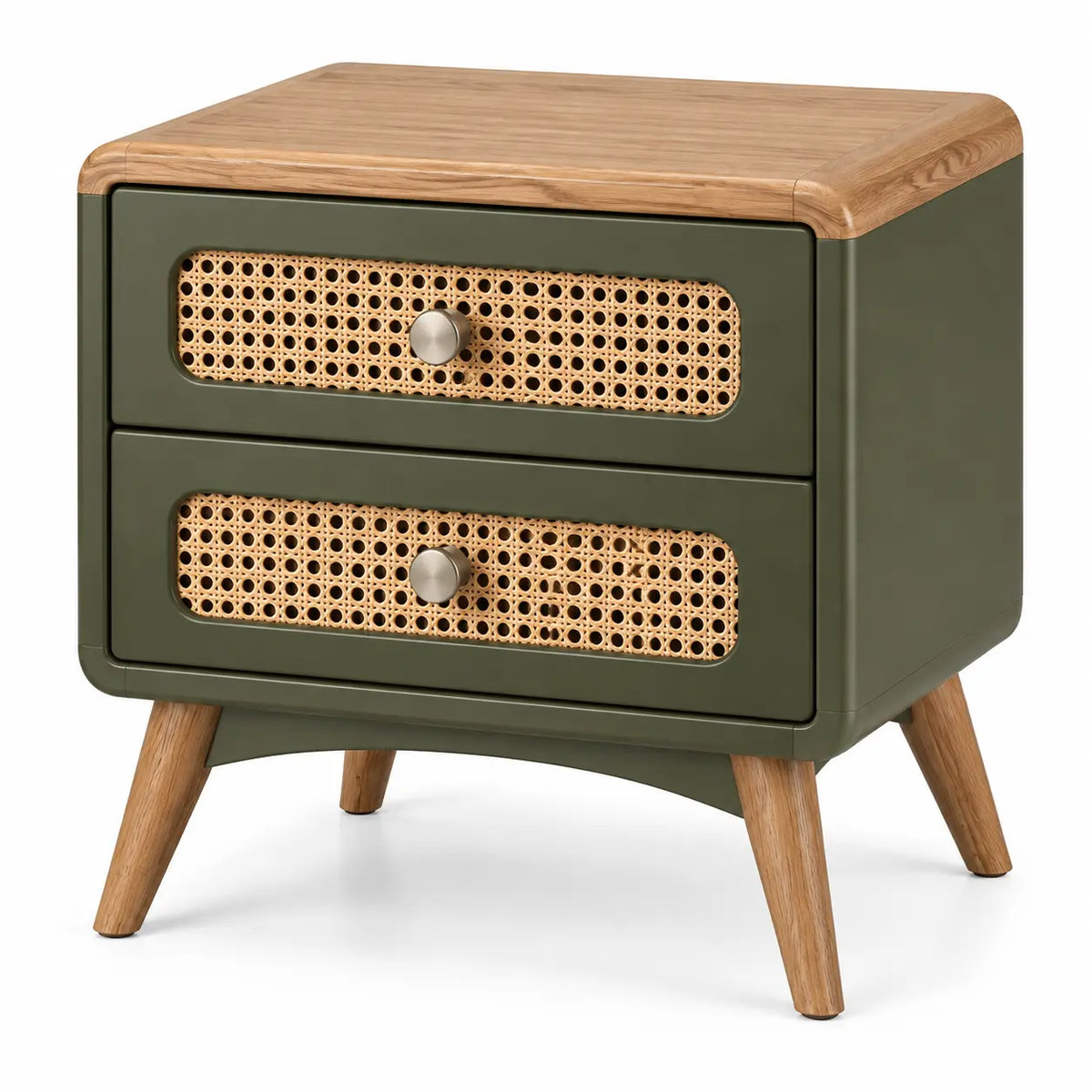 Table de chevet verte arrondie à deux tiroirs tressés et plateau beige