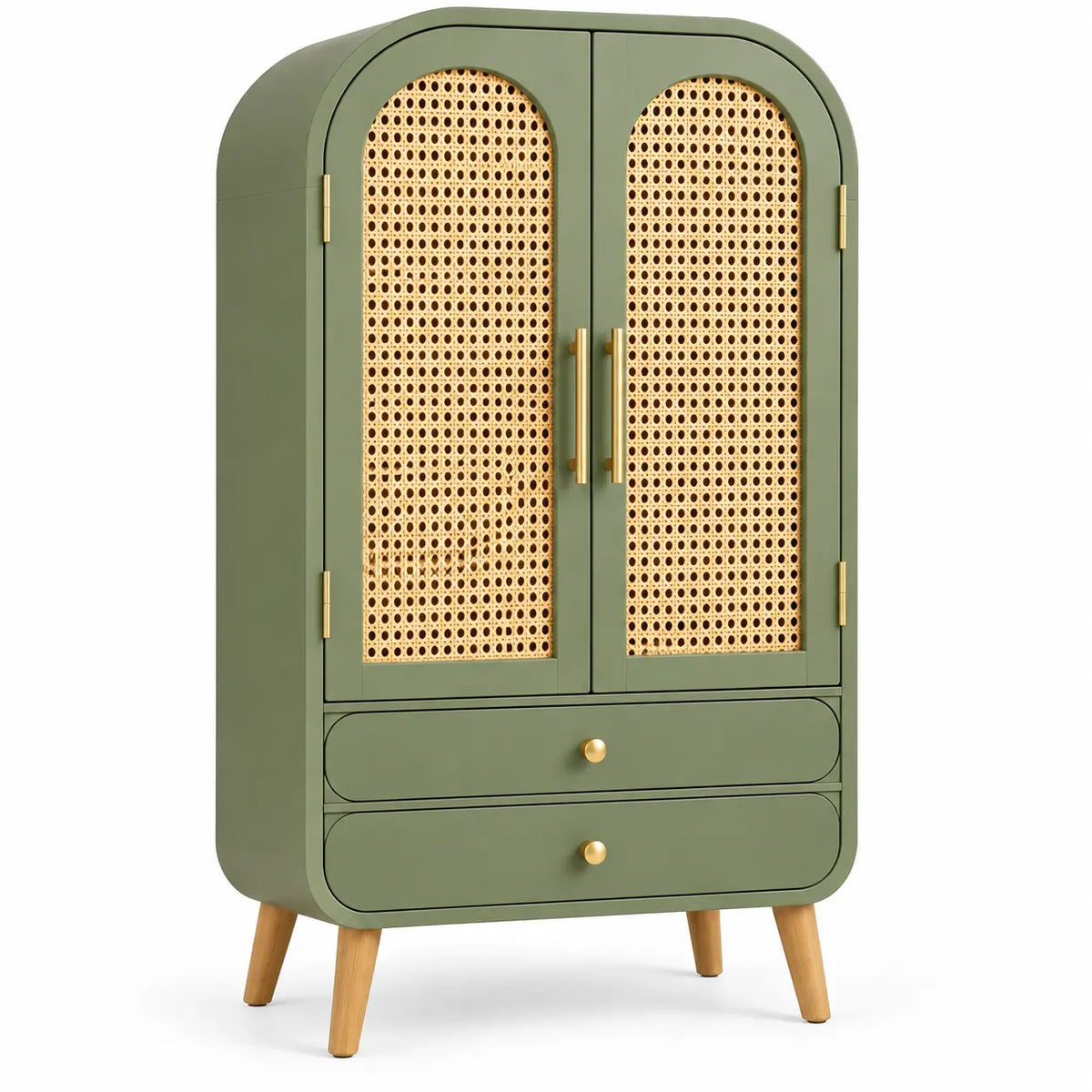 Armoire verte arrondie à deux portes ajourées et deux tiroirs