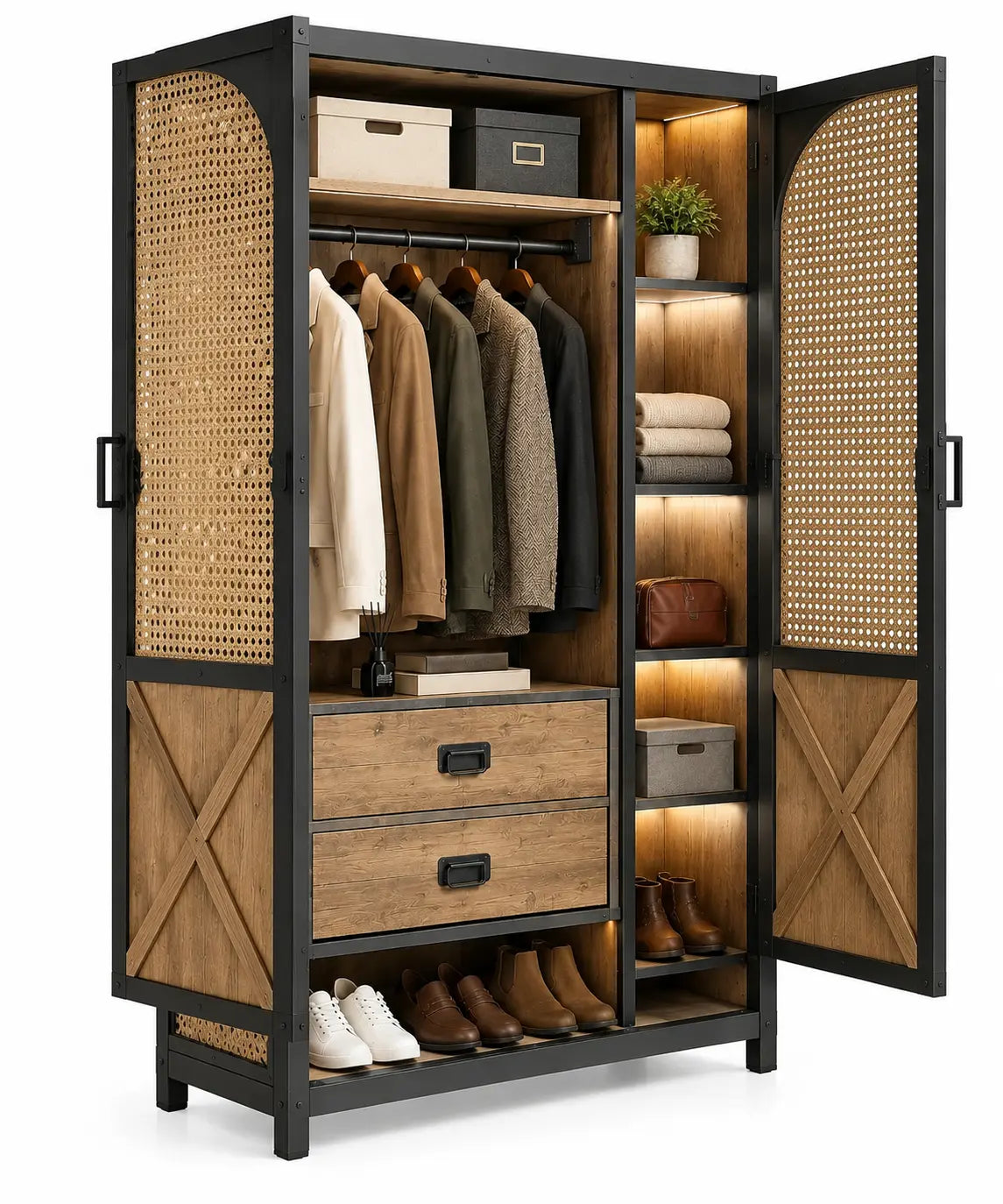 Armoire noire et marron à portes ajourées, penderie et rangements