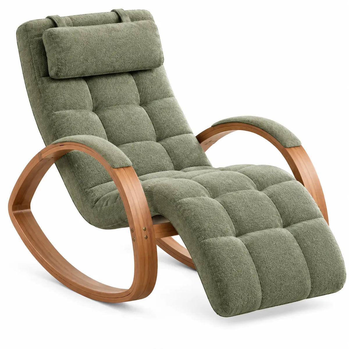 Fauteuil à bascule vert capitonné avec repose-jambes prolongé