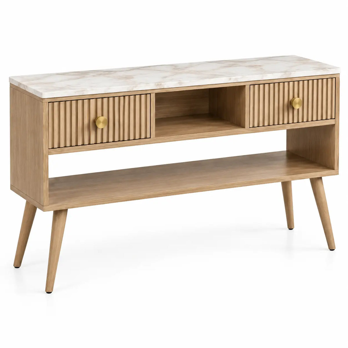 Console beige à deux tiroirs striés et plateau blanc veiné