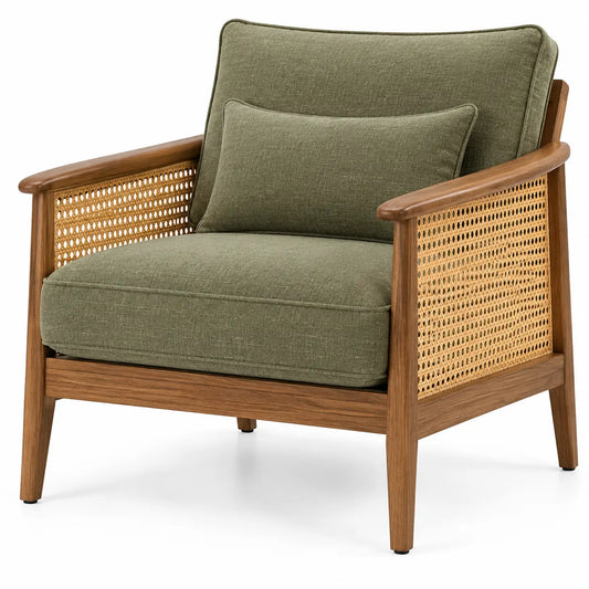 Fauteuil vert à accoudoirs ajourés et structure marron