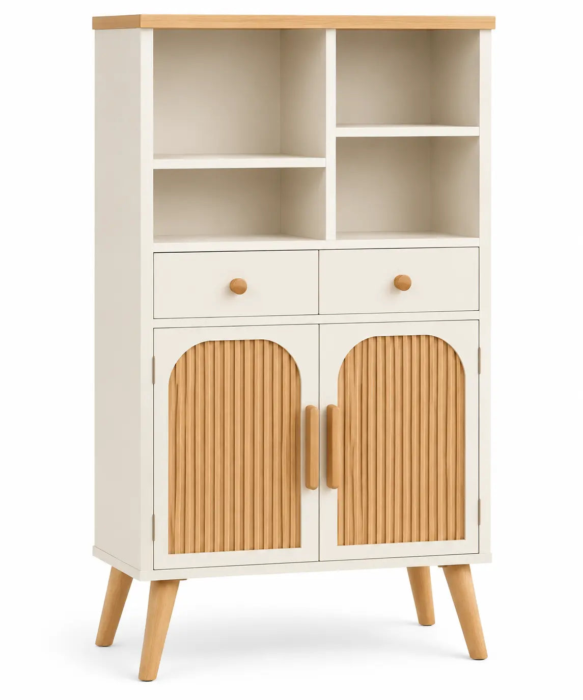 Bibliothèque blanche et beige avec niches, tiroirs et portes striées