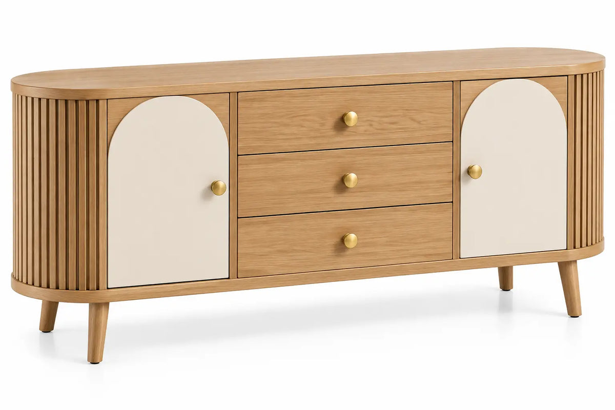 Buffet beige arrondi à portes blanches en arche et trois tiroirs