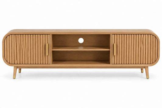 Meuble de télévision beige arrondi à portes striées et niches centrales