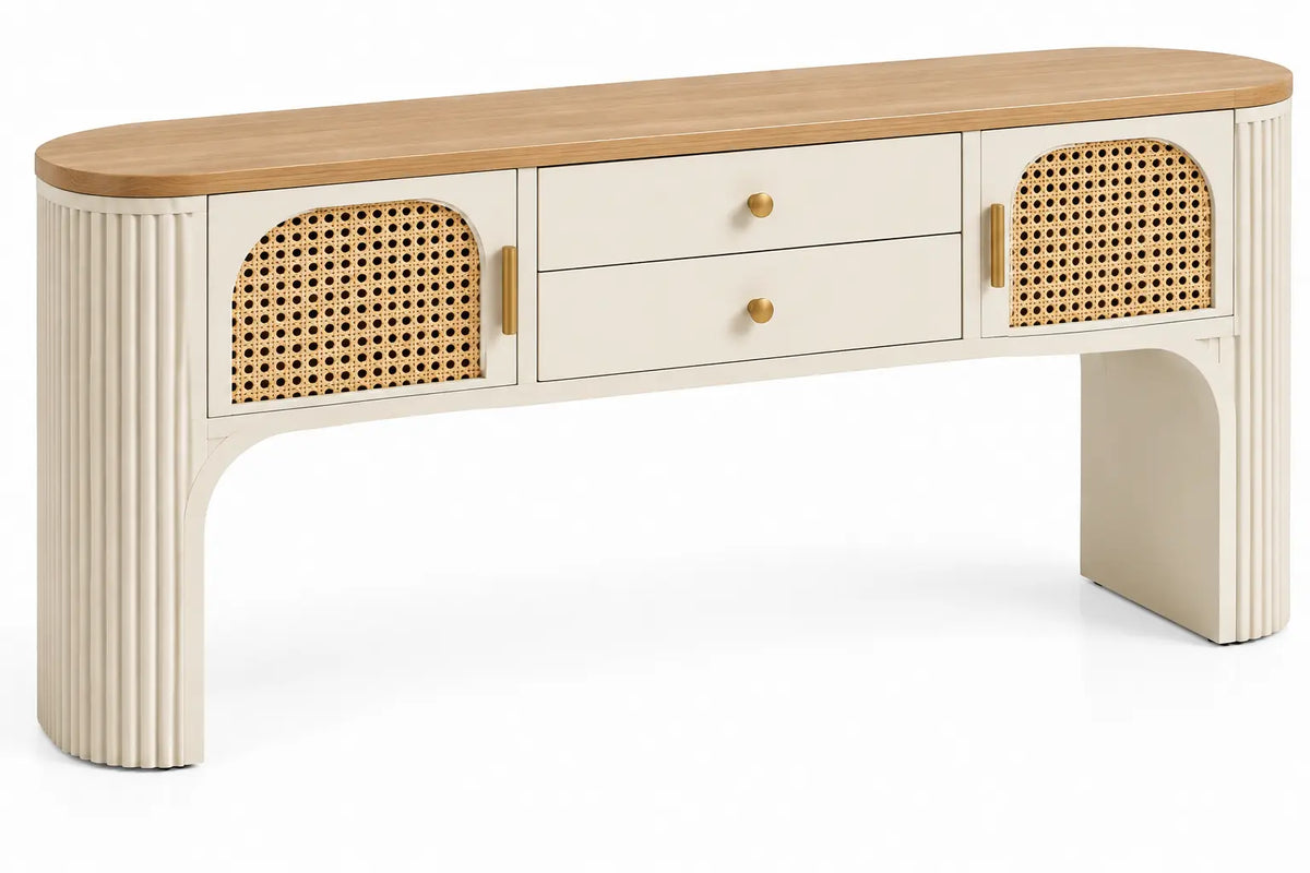 Console crème et beige à tiroirs centraux et portes ajourées