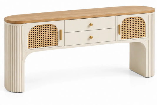 Console crème et beige à tiroirs centraux et portes ajourées