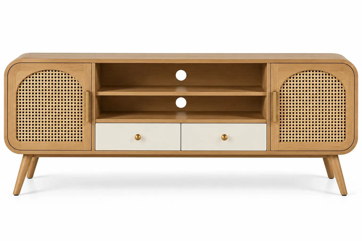 Meuble de télévision beige à portes ajourées et deux tiroirs blancs