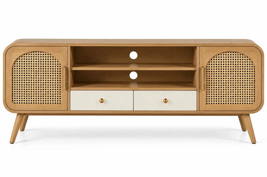 Meuble de télévision beige à portes ajourées et deux tiroirs blancs