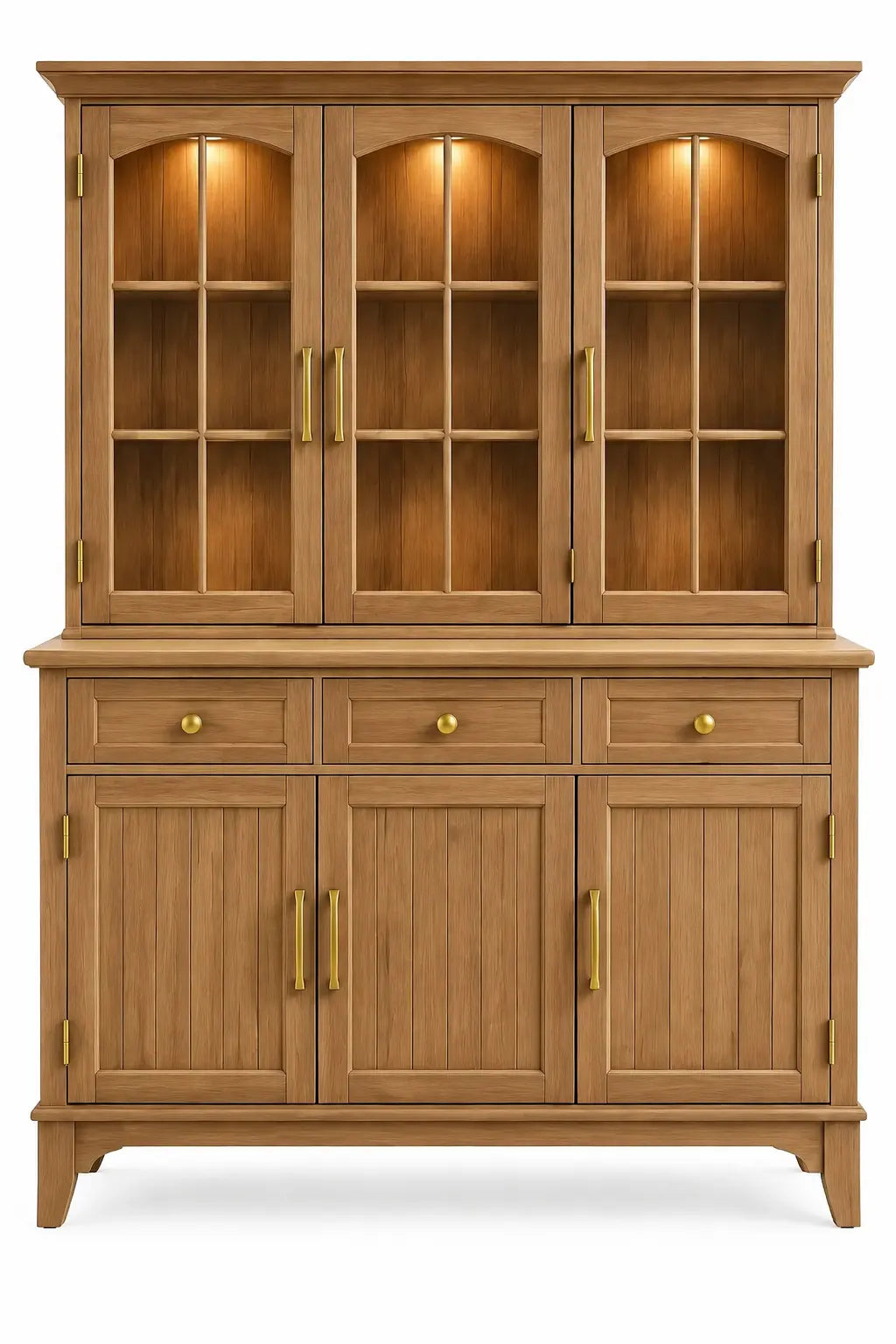 Vaisselier beige à trois portes vitrées et placards à panneaux