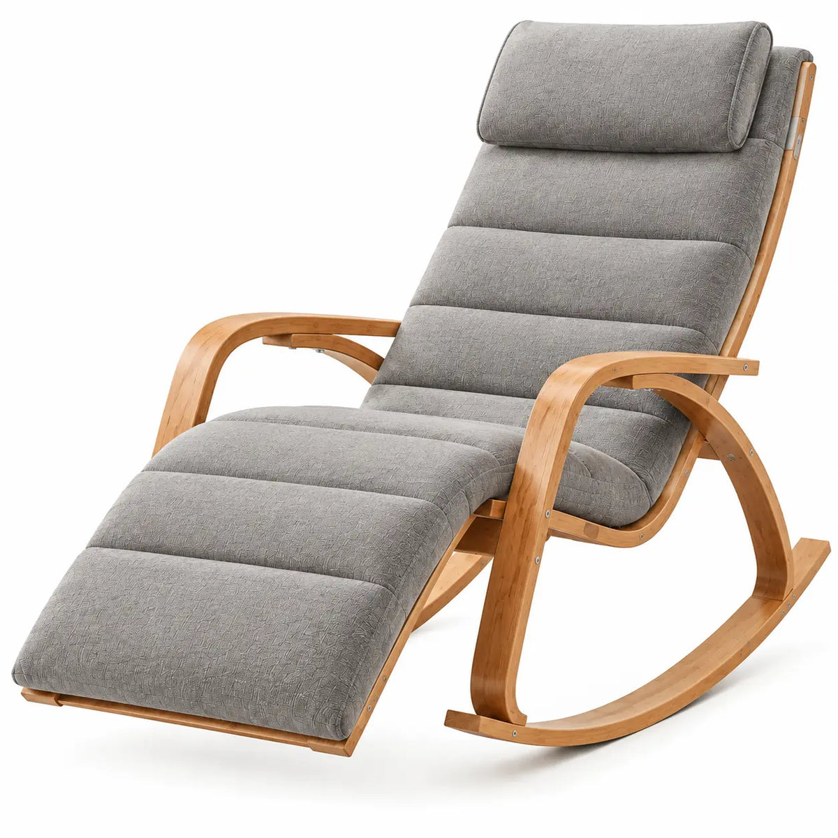 Fauteuil à bascule gris avec repose-jambes et structure beige
