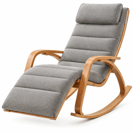 Fauteuil à bascule gris avec repose-jambes et structure beige